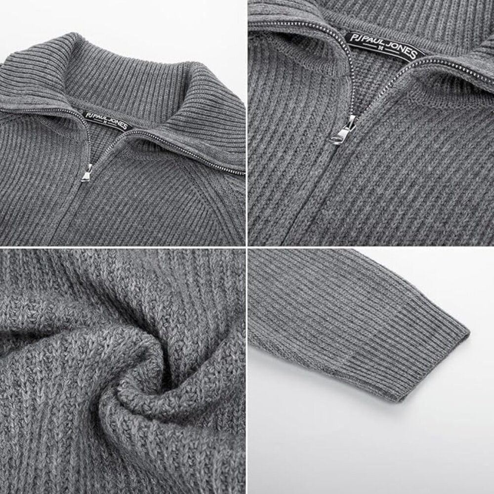 PJ Paul Jones Mens Ribbed Knitted Cardigan Slim Fit Stand Collar Gray Sweater